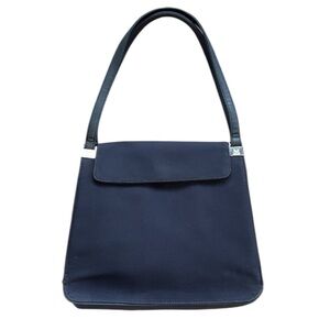 Mondani Navy Peau De Soie Fabric & Leather Structured Sections Bag Silver Accent